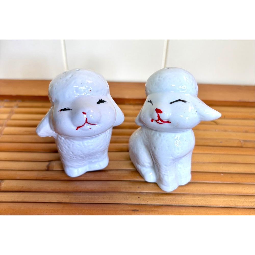 Vintage White Ceramic Lamb & Sheep Salt and Pepper Shakers Set Mid Century